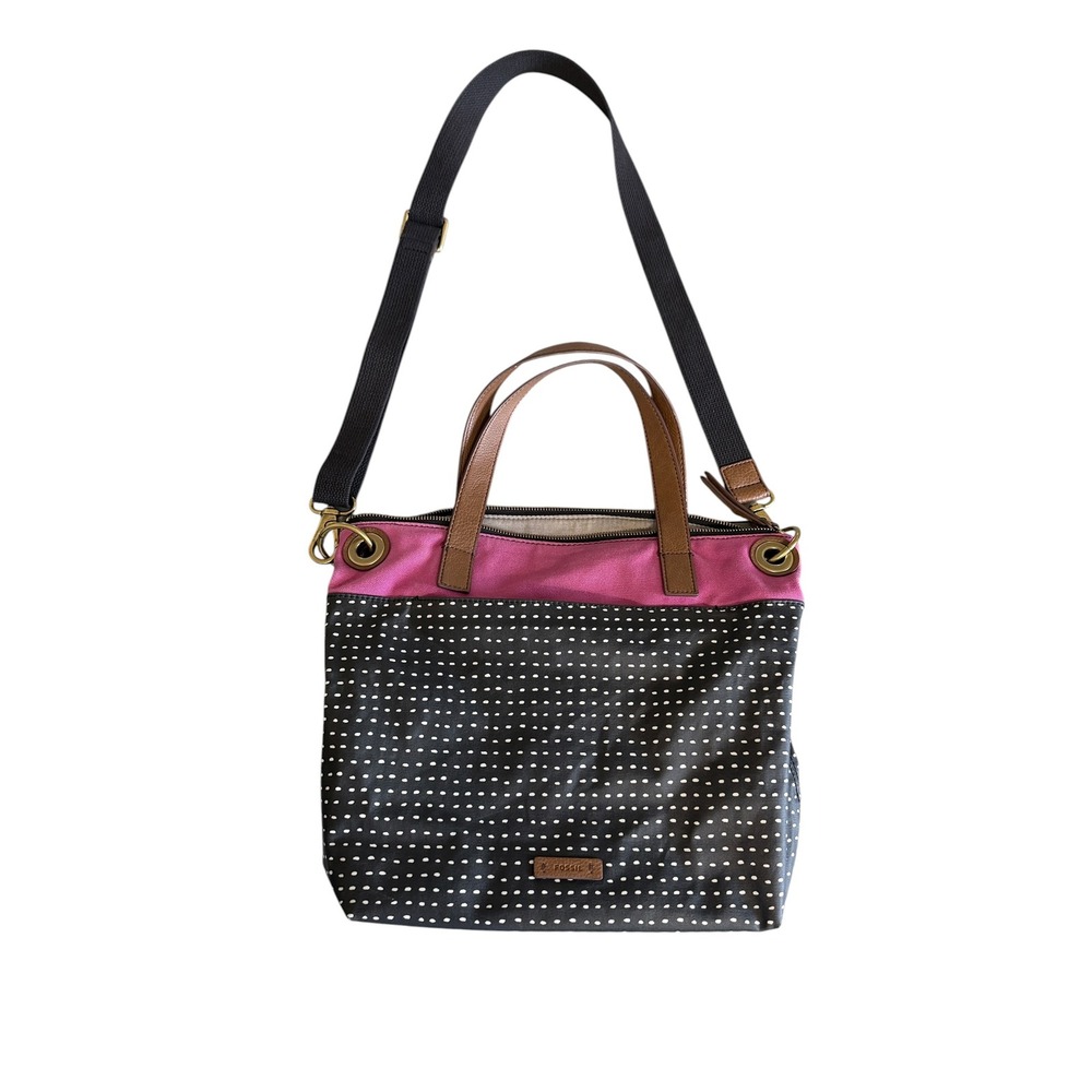 Fossil Key-Per Coated Canvas Polka Dot Tote Pink Black Crossbody Satchel Bag